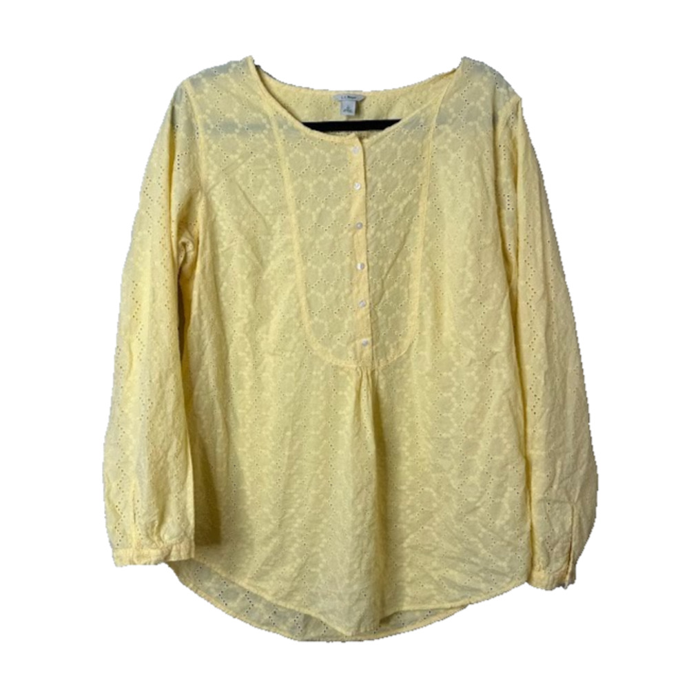 LL Bean Womens Top L Eyelet Lace Popover 100% Cotton Butter Yellow Boho Peasant